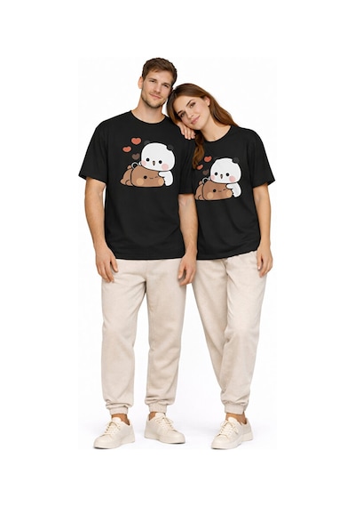 Sevimli Panda Baskılı Sevgili Kombini Çift Tişört Oversize Unisex Siyah