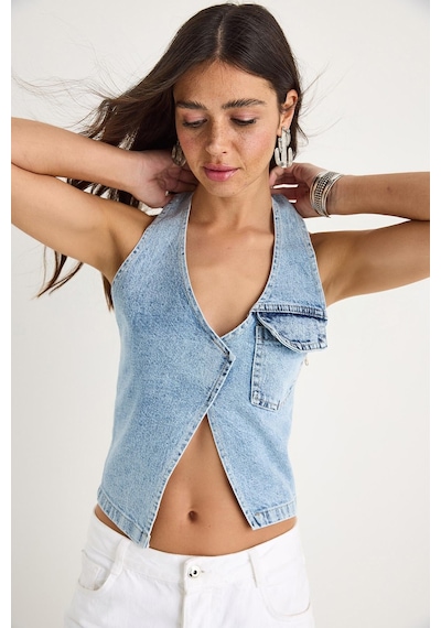 Shade Kadın Boyundan Askılı Dekolte Detaylı Denim Bluz 3433 60283271 - Buz Mavisi