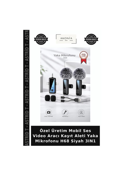 Özel Üretim Mobil Ses Video Aracı Kayıt Aleti Yaka Mikrofonu H68 Siyah 3ın1