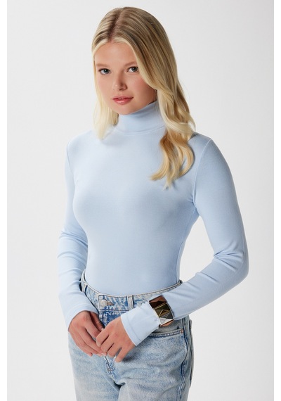 Ritnice Kadın Feel Lux Touch Dik Yaka Mavi Uzun Kol Soft Bluz Mavi