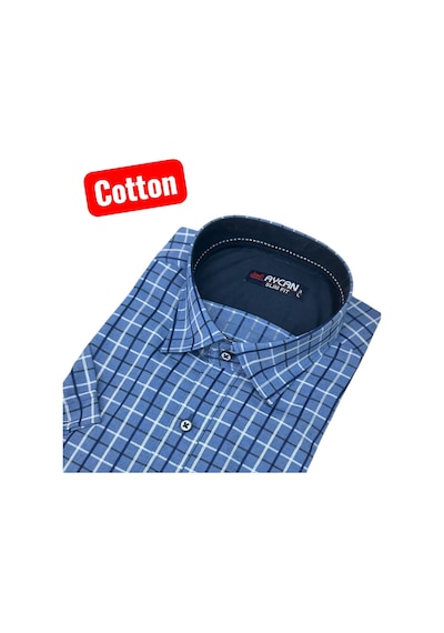 Slim Fit Ekose Pamuklu Kısa Kollu Cepsiz Gömlek Slim Fit Kalıp Mavi