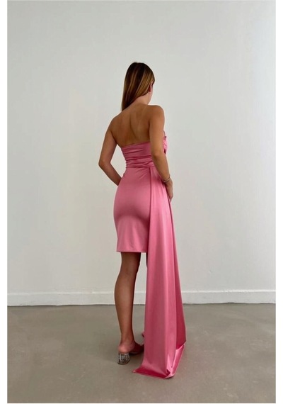 Store Saten Yırtmaçlı Elbise Kumaş Midi Abiye Straplez Pembe - 935901512 Pembe