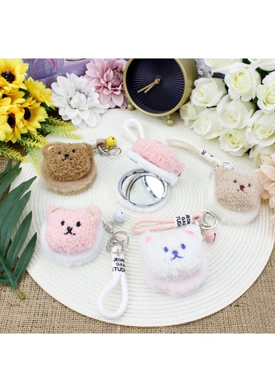 Peluş Cep Ayna Kedi Veya Ayı Figürlü Anahtarlık Tozlu Pembe