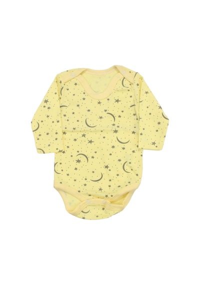 Bebegen Unisex Sarı Ay Yıldız Desenli Uzun Kollu Çıtçıtlı Zıbın Çok Renkli