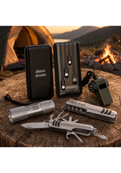 Bk Gift Kişiye Özel Deprem Ve Kamp Seti 10.000 Mah Powerbank Fener Çakı Pusulalı Termometreli Düdük Çok Renkli