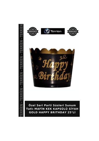 Özel Seri Parti Süsleri Sunum Tatlı Mafin Kek Kapsülü Siyah Gold Happy Brıthday 25 Li Siyah - Altın