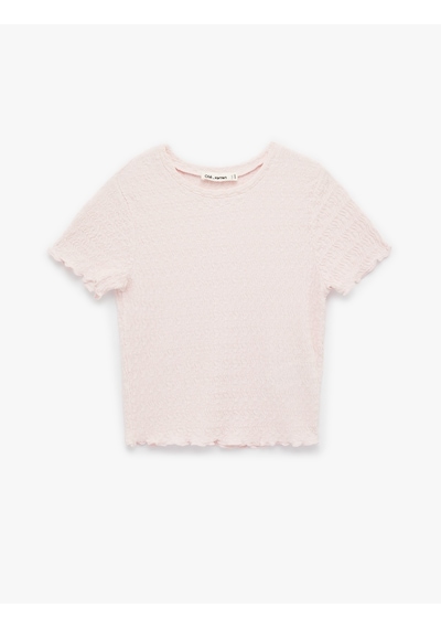 Koton Slim Fit Kısa Kollu Dokulu Bisiklet Yaka Crop Tişört Pembe 6sal10010ık Gül