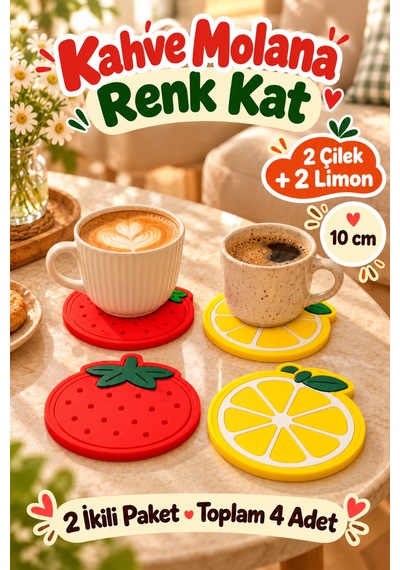 4'lü Çilek Limon Desenli Bardak Altlığı Seti 10 Cm Kahve Fincan Altlığı Renkli Sofra Sunum Aksesuarı Çok Renkli