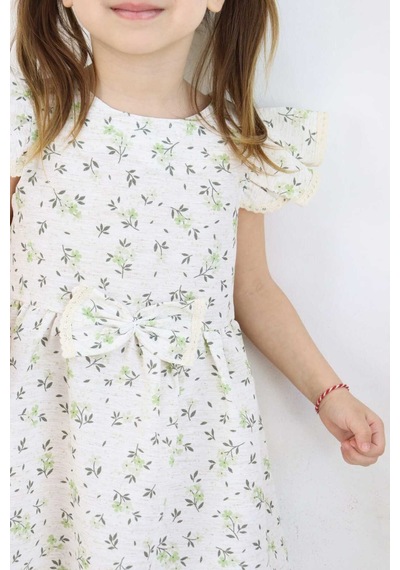 Esila Kids Kız Çocuk Elbise Bayramlık Elbise Çiçek Desenli Fiyonk Detaylı Büzgülü Kollu 3-6 Yaş Yeşil