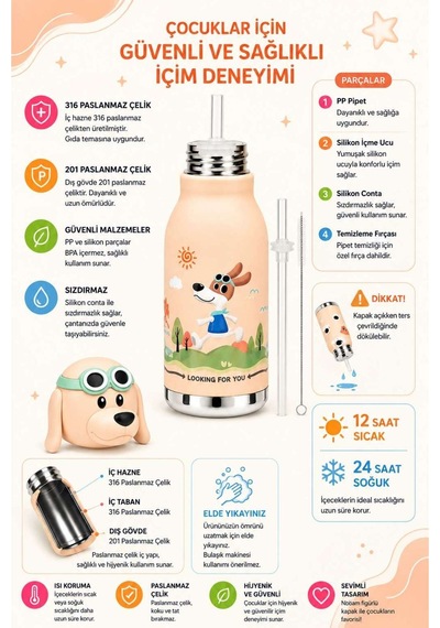 Koı Pembe Köpek 500 Ml Paslanmaz Çelik-pipetli Çocuk Termosu Ve Suluk Pembe Pembe