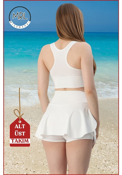 Missmaral Kadın Alt-üst Takım Şort & Crop Denizde Havuzda Sporda Casual/ Günlük Kullanım Ekru Tk3107 Ekru