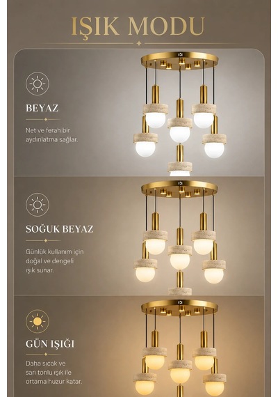 Eskitme Premium Gold Traverten Taşlı 6'lı Sarkıt Avize 3 Renk Led Salon Yemek Odası Avizesi 30w Beyaz