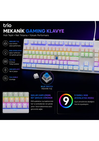 Trio G8219x Rgb Blue Switch Mekanik Oyuncu Klavyesi Türkçe Q Kablolu Bilek Destekli Beyaz