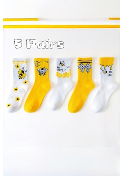 Hitit Socks Kadın 5 Çift Premium Kalite Arı Ve Çiçek Desenli Uzun Soket Çorap Sarı