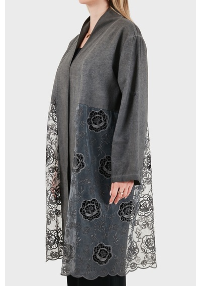 Via Dante % 100 Keten Dantel Detaylı Kimono Bayan Kimono 6909330 Antrasit