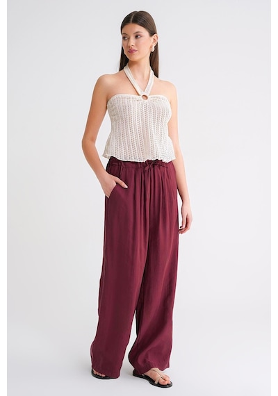 Mixray 4627 Kadın Bol Paça Beli Pileli Palazzo Geniş Kalıp Pantolon Bordo