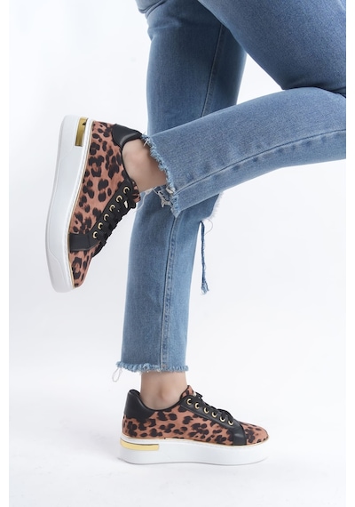 Dmr Elegance Mına Bağcıklı Ortopedik Taban Leopar Desenli Kadın Sneaker Spor Ayakkabı Tbt - Kahverengi