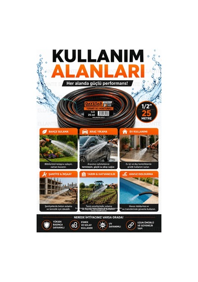 Patlamaz 1/2 İnç 25 Metre Termoplastik Su Hortumu 2x Extra Strong Yüksek Basınca Dayanıklı Esnek Bah
