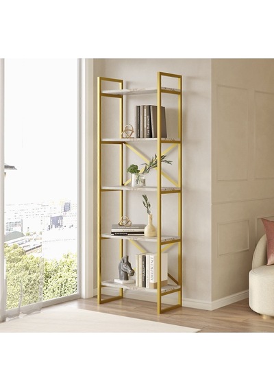 Atlantis 175cm Gold Metal Kitaplık 5 Raflı Mermer Desen Atl3-ge Efes