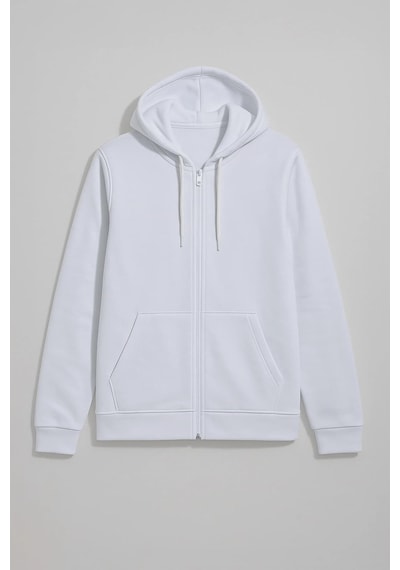 Kadın Fermuarlı Kapüşonlu Cepli İçi Polarlı Sweatshirt Beyaz