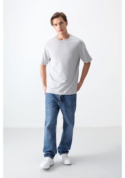 Air Jones Tommy Life Taş Pamuklu Kalın Yumuşak Dokulu Oversize Fit Basic Erkek T-shirt - 88377 Taş