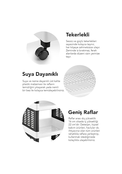4 Katlı Tekerlekli Banyo Rafı - Havluluk Deterjanlık Makyaj Organizer Düzenleyici Raf Ünitesi Siyah Siyah