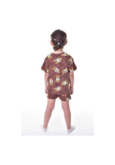 %100 Pamuk Interlok Kumaş Kısa Kollu Şortlu Kız Çocuk Pijama Takımı 3,4,5,6,7,8 Yaş Kahverengi