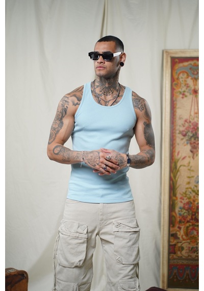 Slim Fit Kaşkorseli Esnek Düz Erkek Sporcu Atlet Açık Mavi
