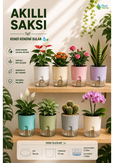 Akıllı Saksı Kendini Sulayan Saksı Otomatik Sulama Sistemli Su Hazneli Dekoratif Saksı 2 Litre