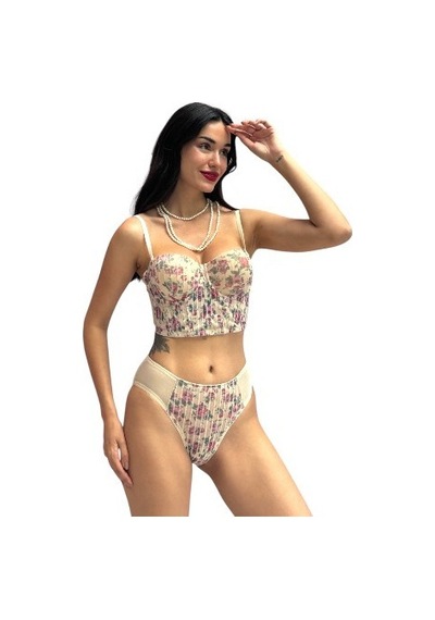 Onsekiz18shop Destekli Güllü Ten Rengi Çiçek Baskılı Büstiyer Takım