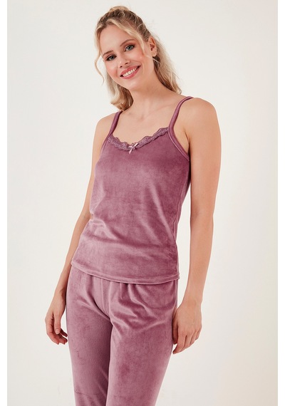 Lela Regular Fit Dantelli Yumuşak Dokulu Sabahlıklı Kadife Bayan Pijama Takımı 6095545 Pudra