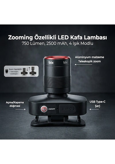 Bix Bxt1fl Şarj Edilebilir 10w Kafa Feneri 750 Lümen 2500 Mah, Zooming Özellikli Led Kafa Lambası Siyah