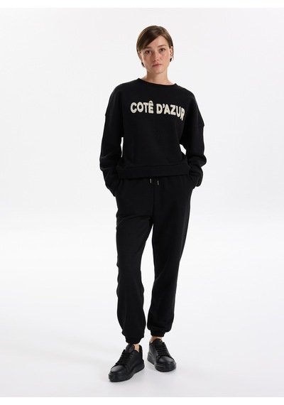 Fabrika Siyah Kadın Bisiklet Oversize Nakışlı Sweatshirt F5wl-swt0230