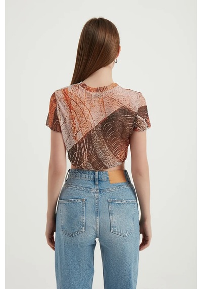 Hiccup Soyut Tül Crop Top Turuncu