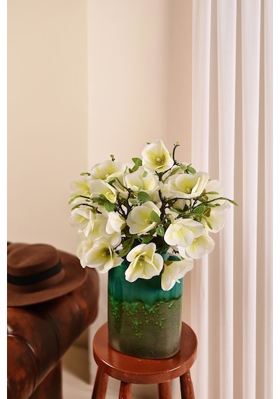 Beyaz Yapay Manolya Çiçeği 3 Dallı Premium Canlı Islak Dokulu 52 Cm