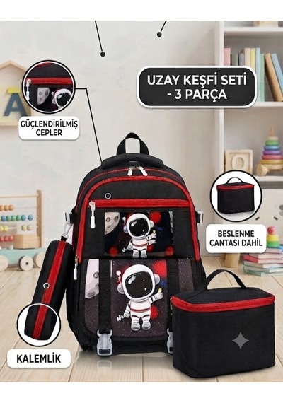 İlkokul 3 Lü Set Karekter Desenli Laptop Bölmeli Kalemlik,beslenme Çantalı Erkek Çocuk Okul Sırt Çantası 41 27 17 Cm siyah