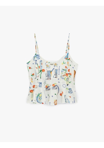 Koton Koton X Şahika Ercümen - Pamuklu Amalfi Temalı Meyve Baskılı İnce Askılı Peplum Bluz Mavi Desenli 6sak30081ew