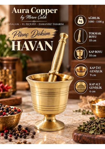 Pirinç Döküm Havan Tokmak Seti 1 Kg Baharat Sarımsak Ezici 10 Cm - Klasik Pirinç