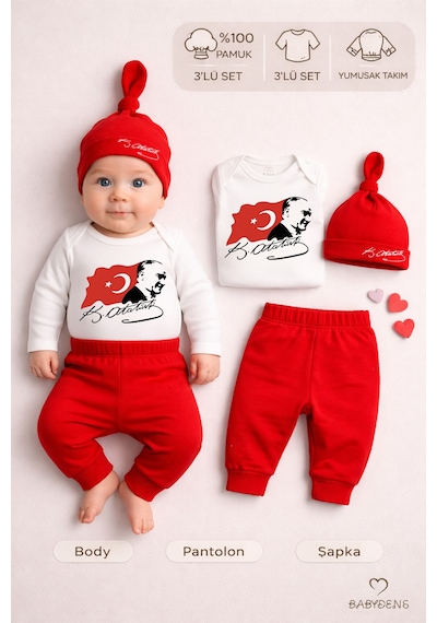 Babyden's Atatürk Baskılı 3 Lü Bebek Takımı %100 Pamuk Uzun Kollu Çıtçıtlı Body Pantolon Şapka Yenidoğan Seti Kırmızı - Beyaz