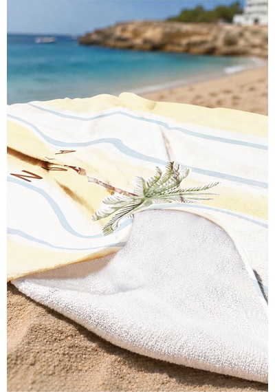 Palmiye Çizgili Tropikal Plaj Havlusu - Sarı Mavi Minimalist Marine Hızlı Kuruyan Mikrofiber Havlu Mat Leylak