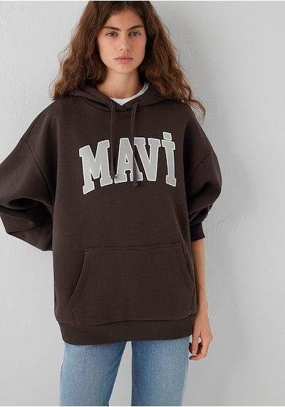 Mavi Logo Baskılı Kapüşonlu Kahverengi Sweatshirt 1600361-70222