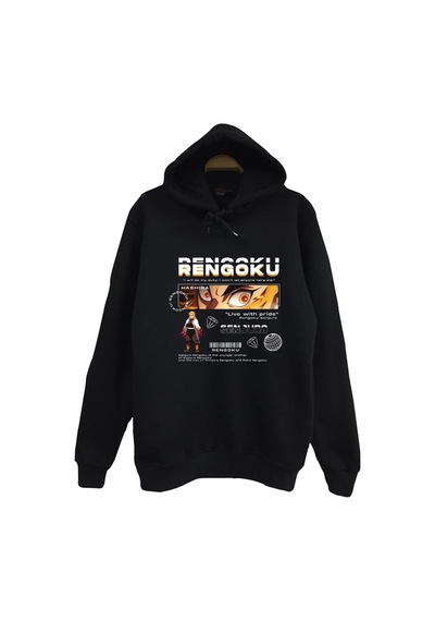 Demon Slayer Kyojuro Rengoku Baskılı Unisex %100 Pamuk Kapüşonlu Siyah Sweatshirt Siyah
