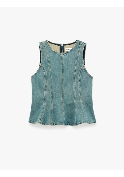 Koton Pamuklu Bisiklet Yaka Fermuarlı Nervürlü Kolsuz Denim Bluz Ovd 6sal30031md