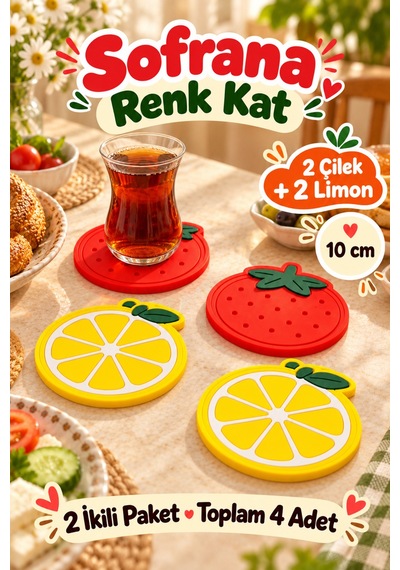 4'lü Çilek Limon Desenli Bardak Altlığı Seti 10 Cm Kahve Fincan Altlığı Renkli Sofra Sunum Aksesuarı Çok Renkli