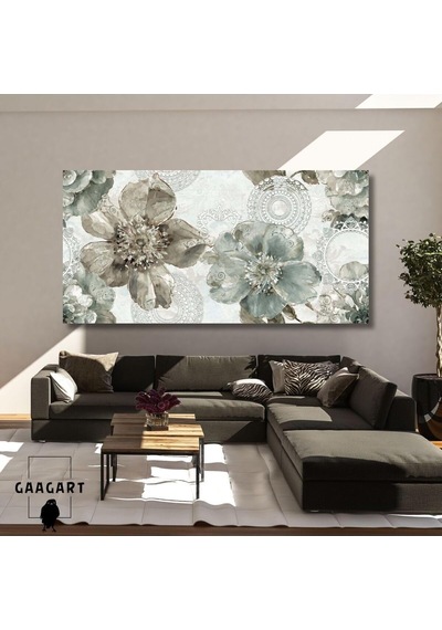 Panoramik Kanvas Duvar Tablosu Desenli Fonda Geniş Çiçekler, 120 X 60