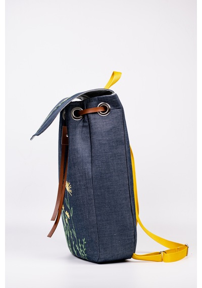Fabric Craft Bag Sırt Çantası Kot Kumaş Çiçek Nakışlı Büzgülü Kot
