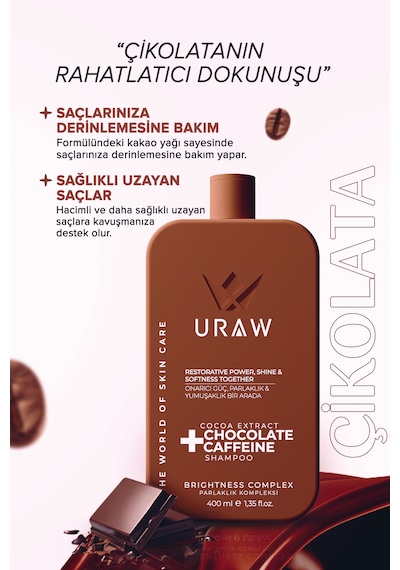 Uraw Çikolata Kafein İçerikli Yoğun Onarım ve Parlaklık Veren Şampuan 400 ML