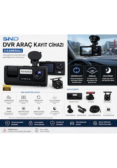 Snd 3 Kameralı Araç İçi Kamera Dvr Kayıt Cihazı 1296p Hd Ön İç Arka Kamera Gece Görüşlü G-sensör 128gb Destekli