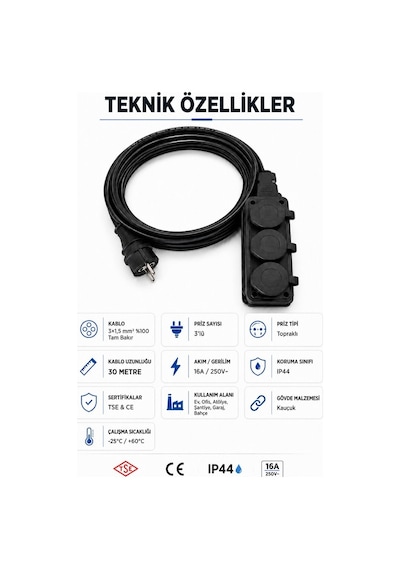 Öznur Kablo Seyyar Uzatma Kablosu 30 Metre Ttr 3x1,5 Mm %100 Tam Bakır Kablo Seldur 3'lü Kauçuk Grup Priz Orel Kauçuk Fiş Ip54 Ip44 30 M