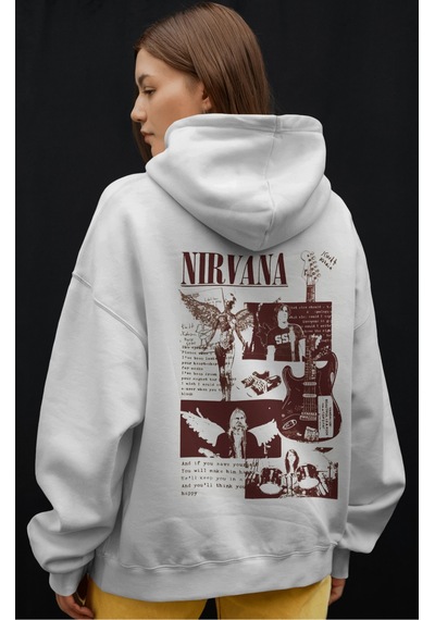 Sevbano Nirvana Rock Metal Müzik Grubu Ön Baskılı Unisex Oversize Premium beyaz